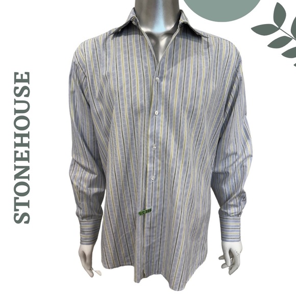 Stonehouse Men’s Striped Button-Up Dress Shirt Blue White Green – Size Large - Picture 1 of 7